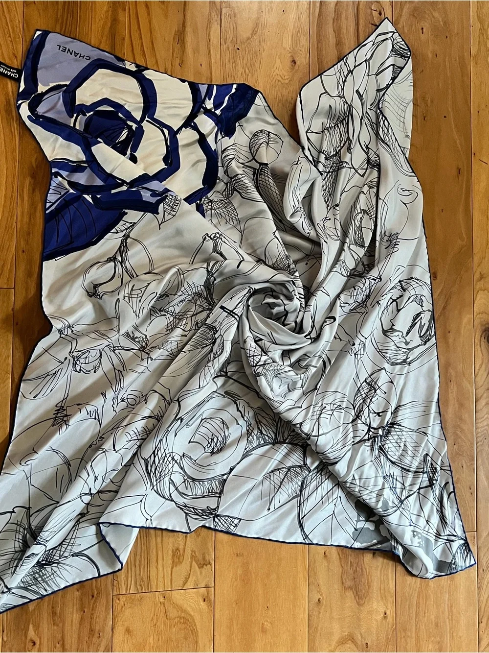 CHANEL Blue and White Silk Scarf